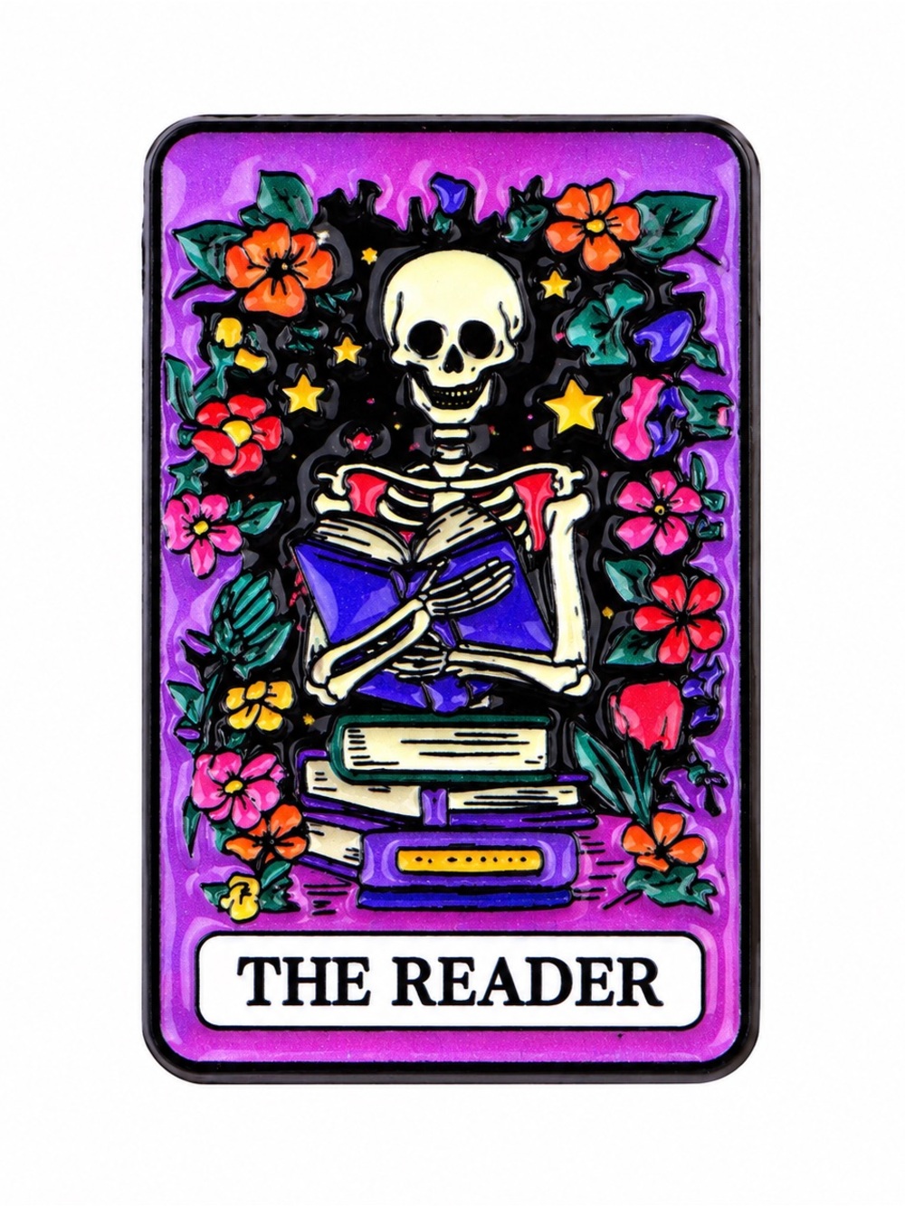 The Reader Skeleton Enamel Pin – Gothic Book Lover Floral Reader Badge